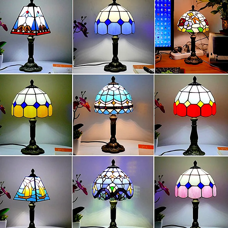 

Mediterranean Style Restaurant Bar Cafe LED Vintage Desk Lamp Bedside Colorful Glass Table Lamps Nightstand Light Bedroom decor