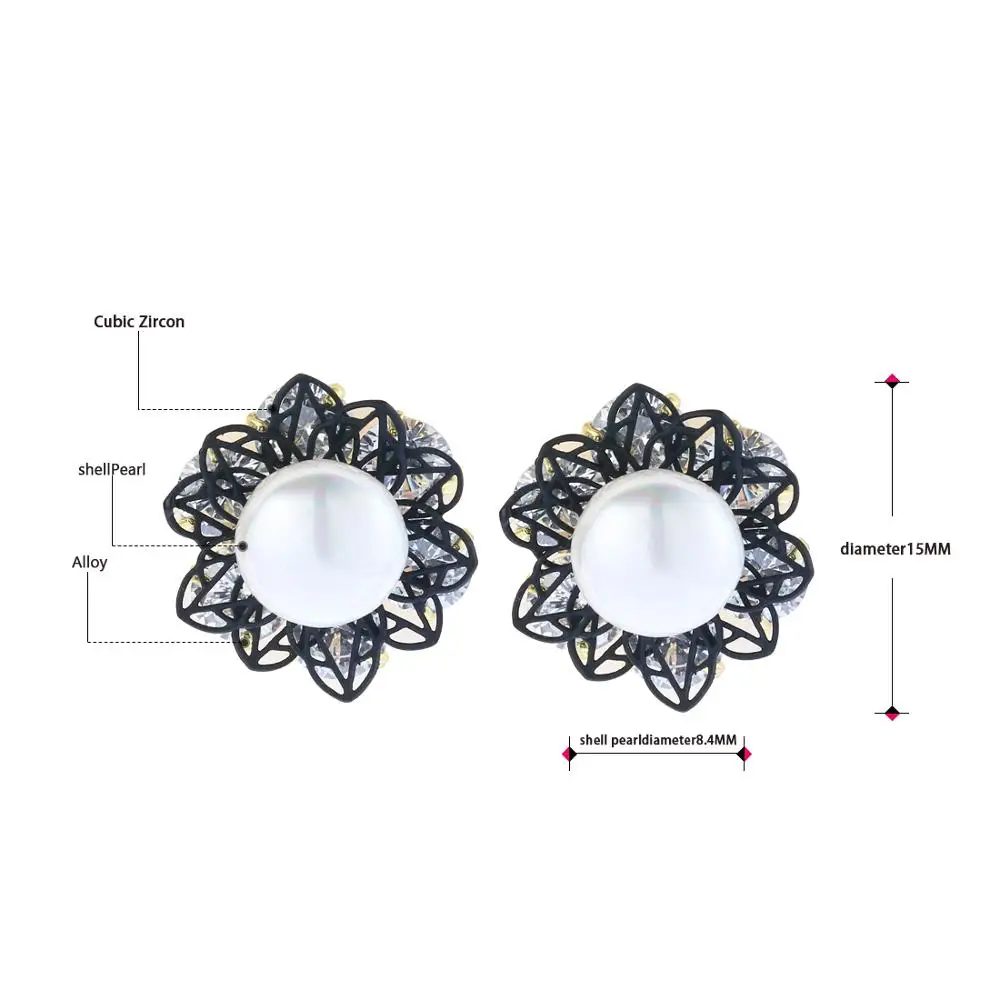 Женские серьги гвоздики с камнем NEOGLORY круглые в виде черного цветка жемчугом и