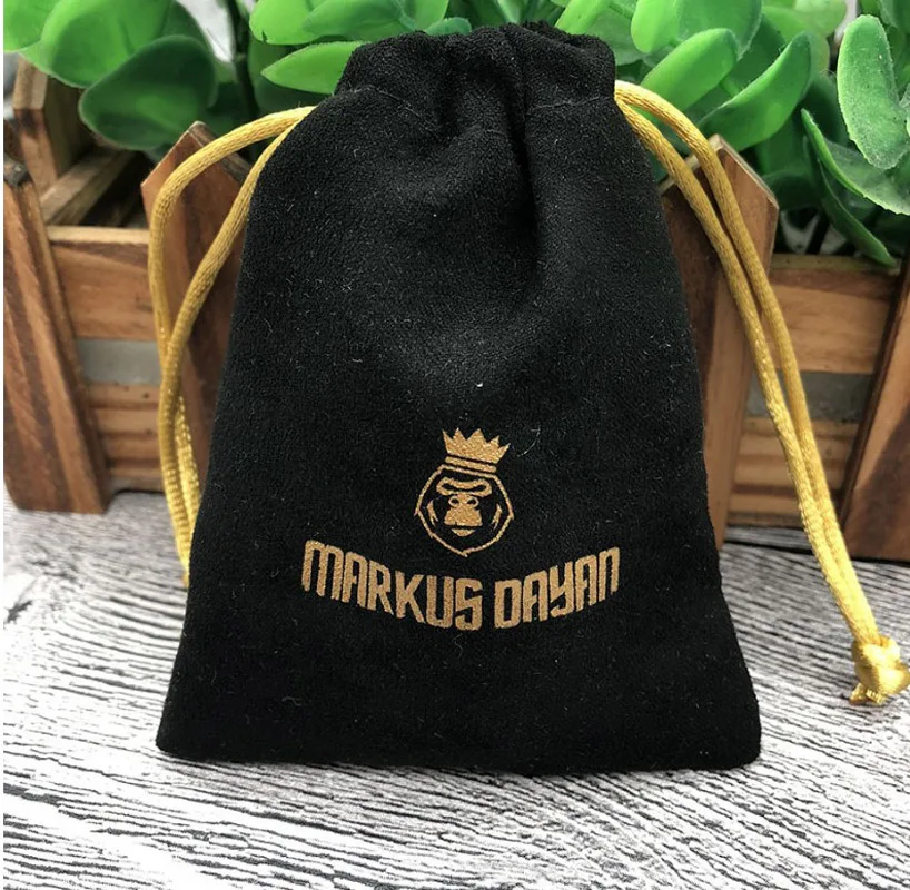 

Custom Black Flannel Gift Bags Gold Rope Gold Logo 7x9cm 10x15cm 13x18cm 18x30cm Makeup Packaging Pouches Hair Sack