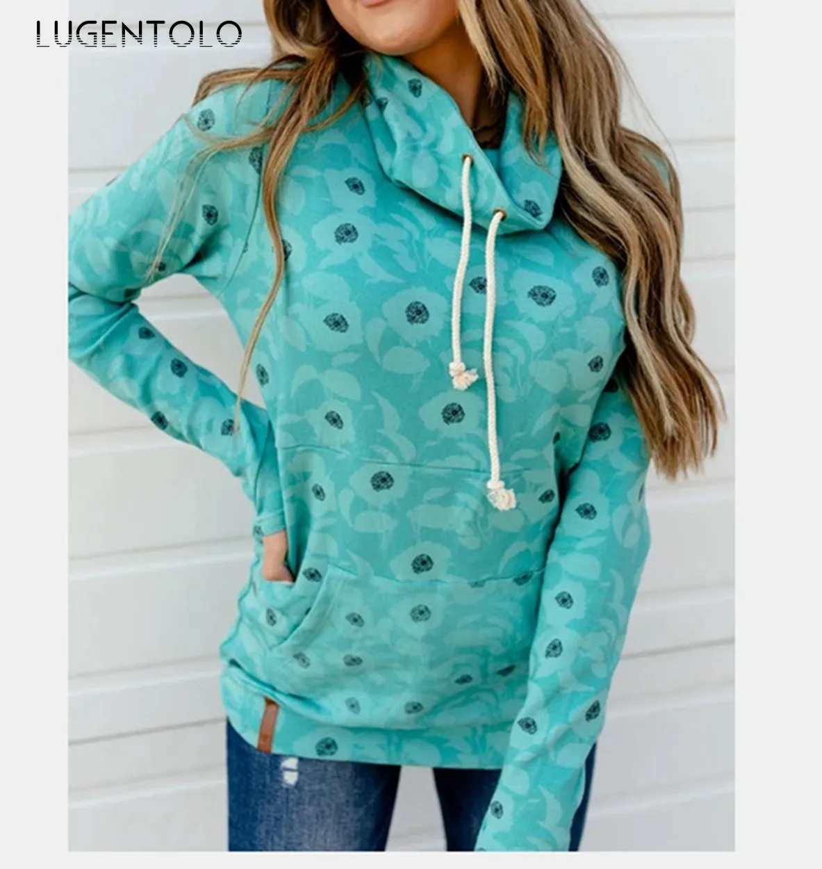 

Lugentolo Women Sweatshirt Spring Thin Long Sleeve Turtleneck Female Casual Print Loose Pullover Street Sweatshirts