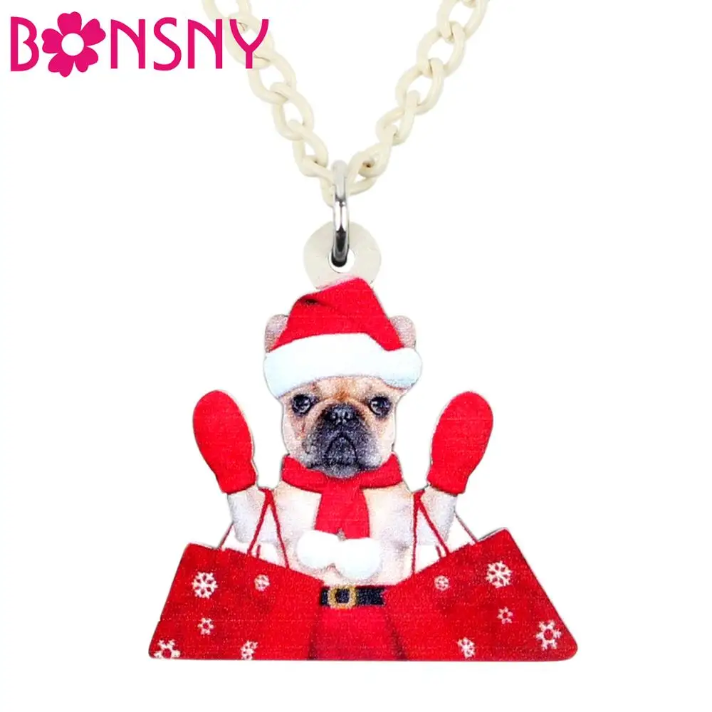 

Bonsny Acrylic Christmas Sweet Shopping French Bull Dog Necklace Pets Jewelry Festival Decoration Charm Gift For Lady Girls Kids