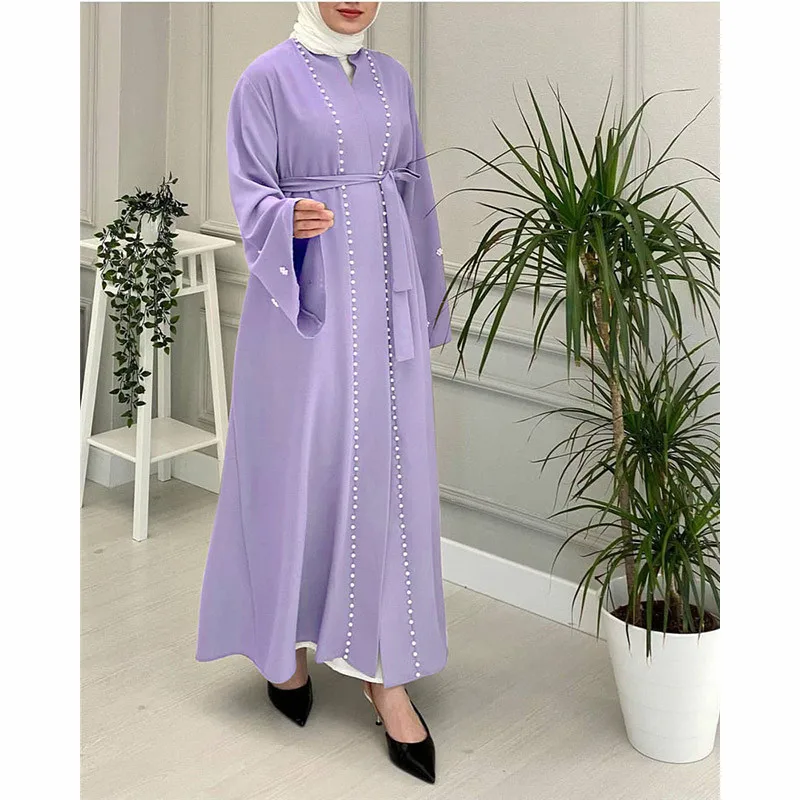 

Middle East Robe Loose Summer Long Sleeve Islamic Clothing Abaya for Woman Pakistan Ramadan Elegant Lace Plain Solid Maxi Dress