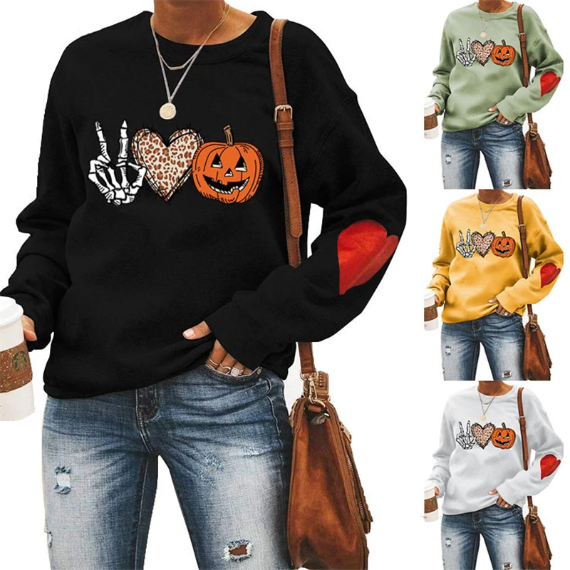 2022 Winter Ladies Street Sweatshirt Ladies Loose Sweatshirt Halloween Skull Print Love Arm Festive Pumpkin