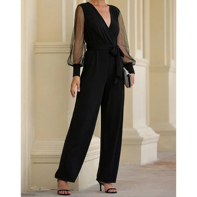 

Women Sexy Jumpsuit Black Solid Mesh Long Sleeve v neck Party Club Bodysuit Women Short Jumpsuits