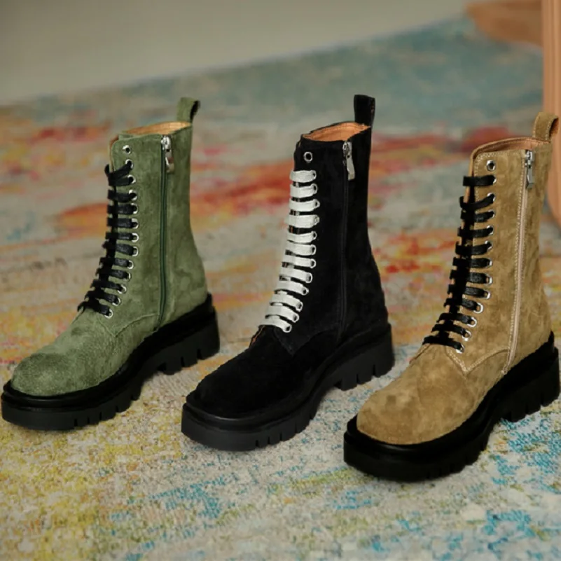 

ANNYMOLI Women Real Leather Fashion Boots PigSkin Thick High Heel Platform Shoes Ankle Boots Zipper Ladies Boots Autumn Black