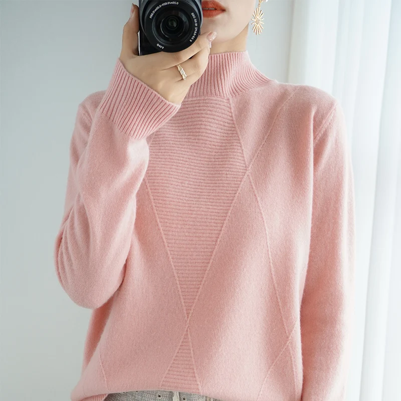 Женский однотонный пуловер с высоким воротником повседневный базовый