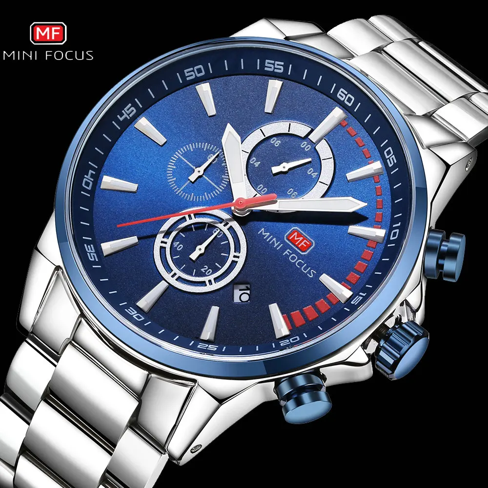 

MINIFOCUS Casual Dress Watch Men Quartz Clock Waterproof Fashion Chronograph Calendar Display Stainless Steel Strap Wristwatches
