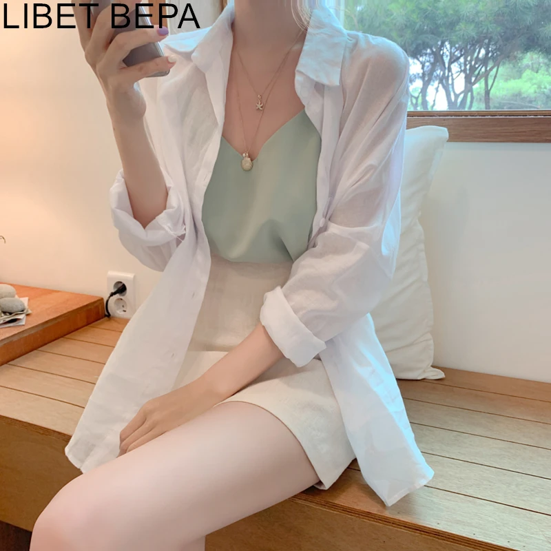 

New 2021 Summer Autumn Women's Blouses Casual Fashionable Single Breasted Shirts Pockets Loose Minimalist White Wild Tops BL2009