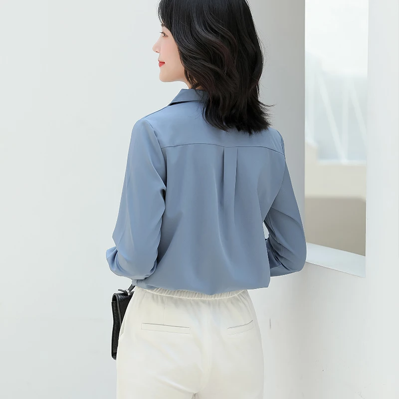 

2019 fashion chiffon loose pocket blue lady shirt blouse long sleeve V-neck women tops solid women's clothing shirts Tops
