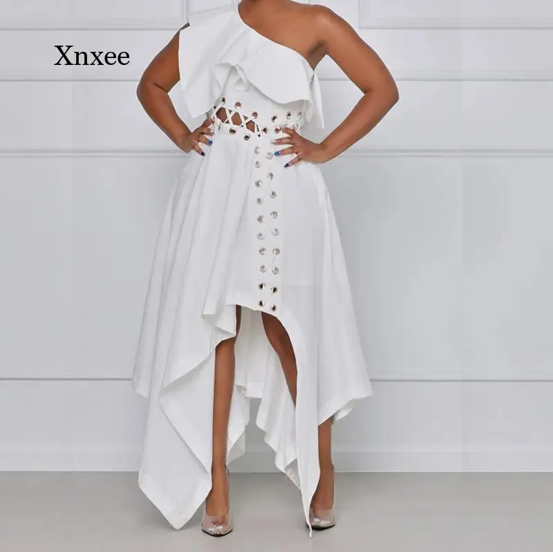 

Женское вечернее платье на одно плечо, белое асимметричное платье с одним открытым плечом, со шнуровкой
