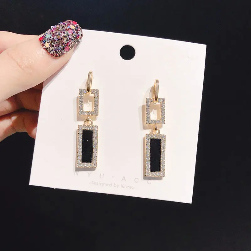 

925 Silver Needle Korean Temperament Long Flash Diamond Drop Oil Earrings Personality Wild Square Net Red Earrings
