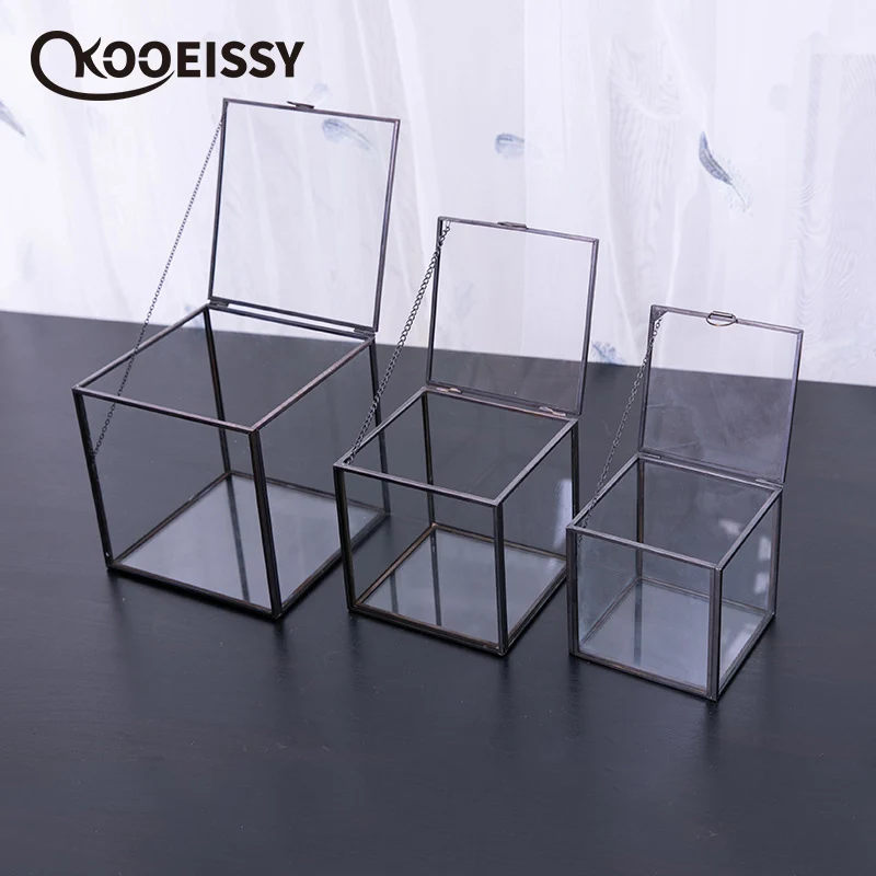 Стеклянная коробка для хранения с золотыми краями украшения вечных цветов