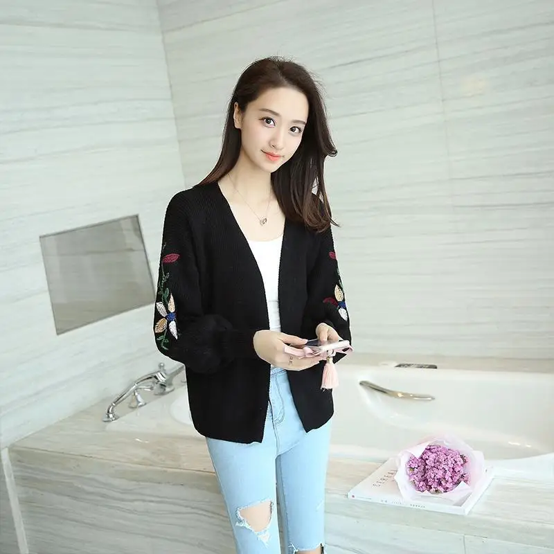 

Spring and Autumn New Women's Lantern Sleeve embroidery short cardigan women's loose and thin knitting sweater coat solid color