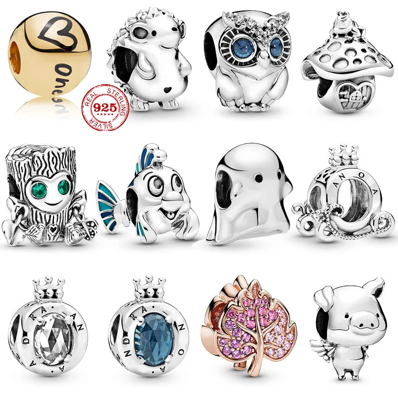 

100% 925 Sterling Silver Hedgehog owl leaves crown Beads Fit Original Pandora Charms Bracelets DIY Women Jewelry