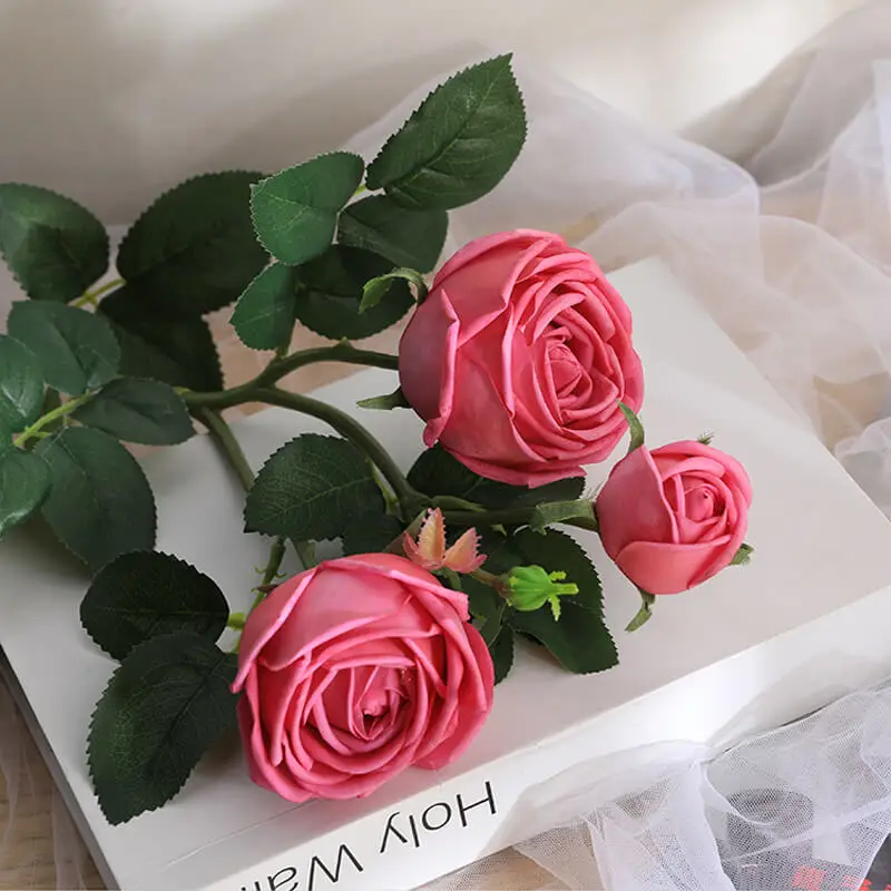 Xuanxiaotong 3 Head 77cm Yellow Silk Tea Rose Flower Artificial for Home Wedding Decor Pink White Champagne Roses with Leaves | Дом и сад