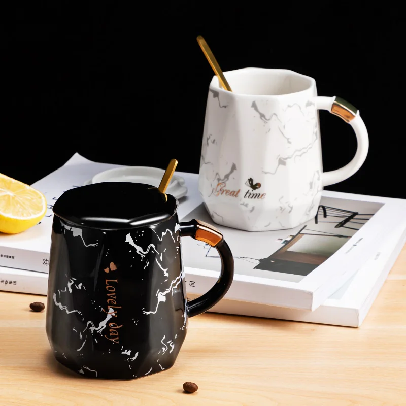 Мраморная керамическая чашка для кофе и чая с крышкой ложкой 400 мл сока молока