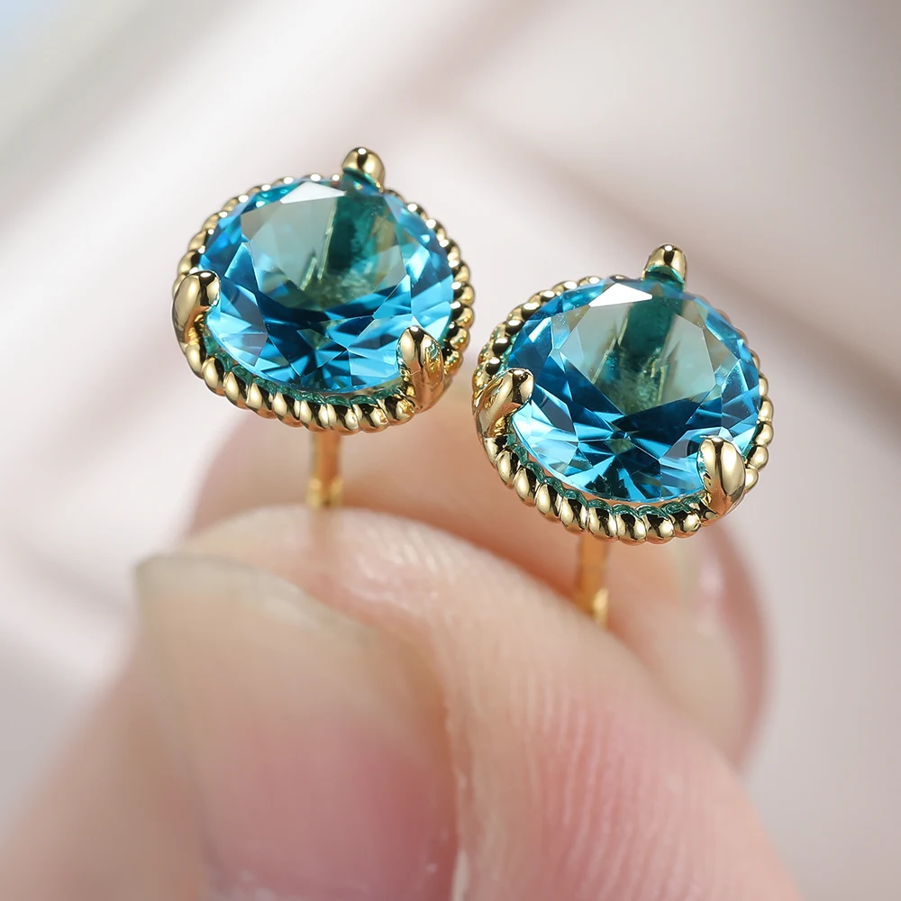 

Cute 7MM Aqua Blue Zircon Screw Stud Earrings for Women Round Blue Gemstone Gold Earrings Birthday Gift Jewelry Charms