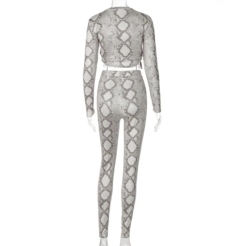 

2 Piece Set Women Tracksuit Snake Print Top Pants Suit Long Sleeve Drawstring Long Sleeve Top + Trousers Two Piece Set Outwear