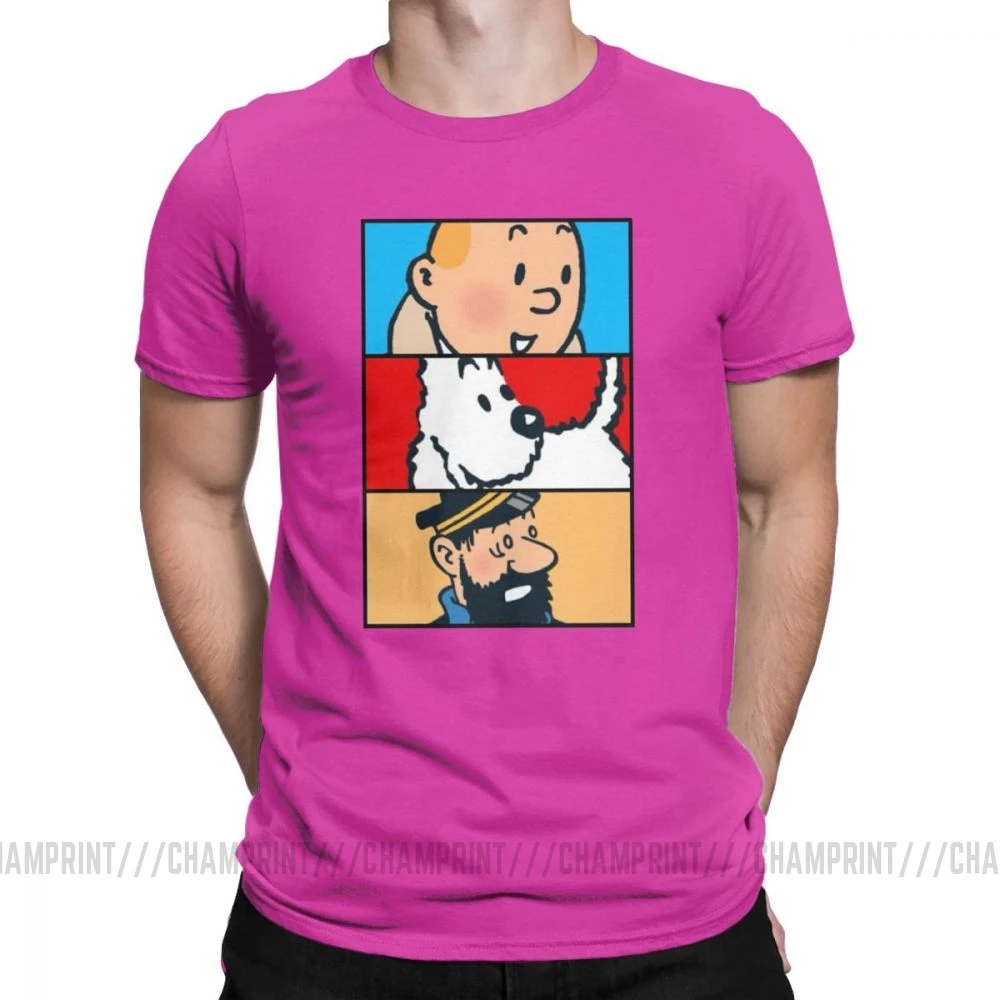 Футболка Tintin Milou Haddock The adventures Of Tintin для мужчин, хлопковая футболка с короткими рукавами, одежда 4XL 5XL 6XL - Цвет: Фуксия