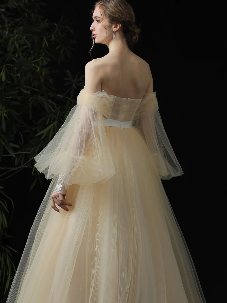 

Fairy Princess Fluffy Tulle Sleeves Photography Dress Tulle Off the Shoulder Ball Gown Wedding Dress Appliques Bridal Gown 1620#