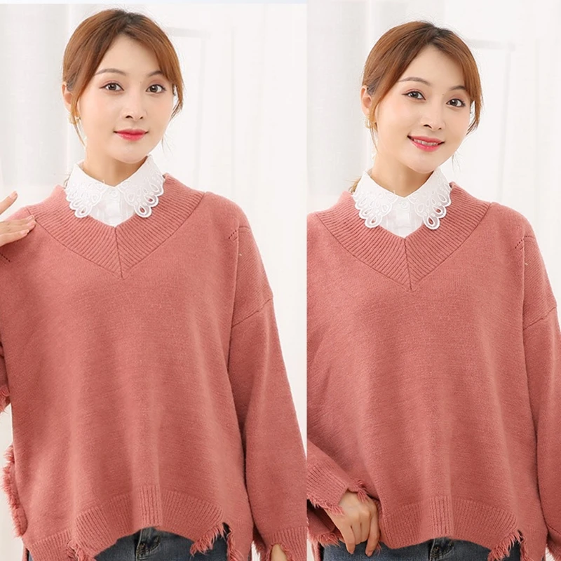 

Women Sweet Hollow Out Floral Lace Lapel False Collar Button Down Striped Jacquard White Detacahble Half Shirt Dickey