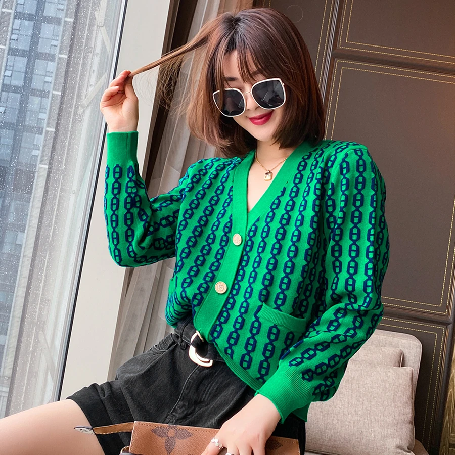 

BULOCHOVA 2021 Autumn Designer V Neck Thin Knit Cardigan Sweater Women Print Long Sleeve Single-Breasted Loose Short Tops Female