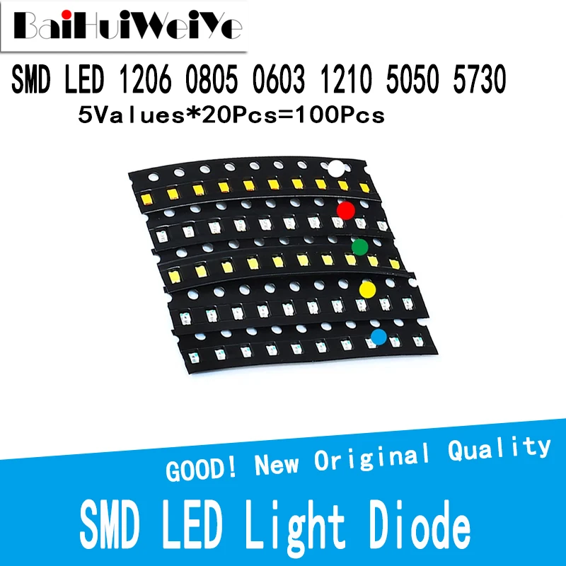 

100Pcs 5Color 1206 0805 0603 1210 5050 5730 SMD DIY Kit Red Yellow Green White Blue Light Emitting Clear LED Light Diode Set