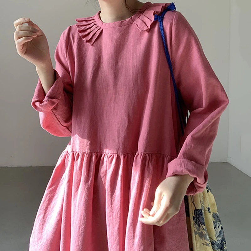 

Korea Early Autumn Retro Vestidos Female Doll Collar Organ Side Stitching Loose Casual Over-the-knee Midi Dress DK1227