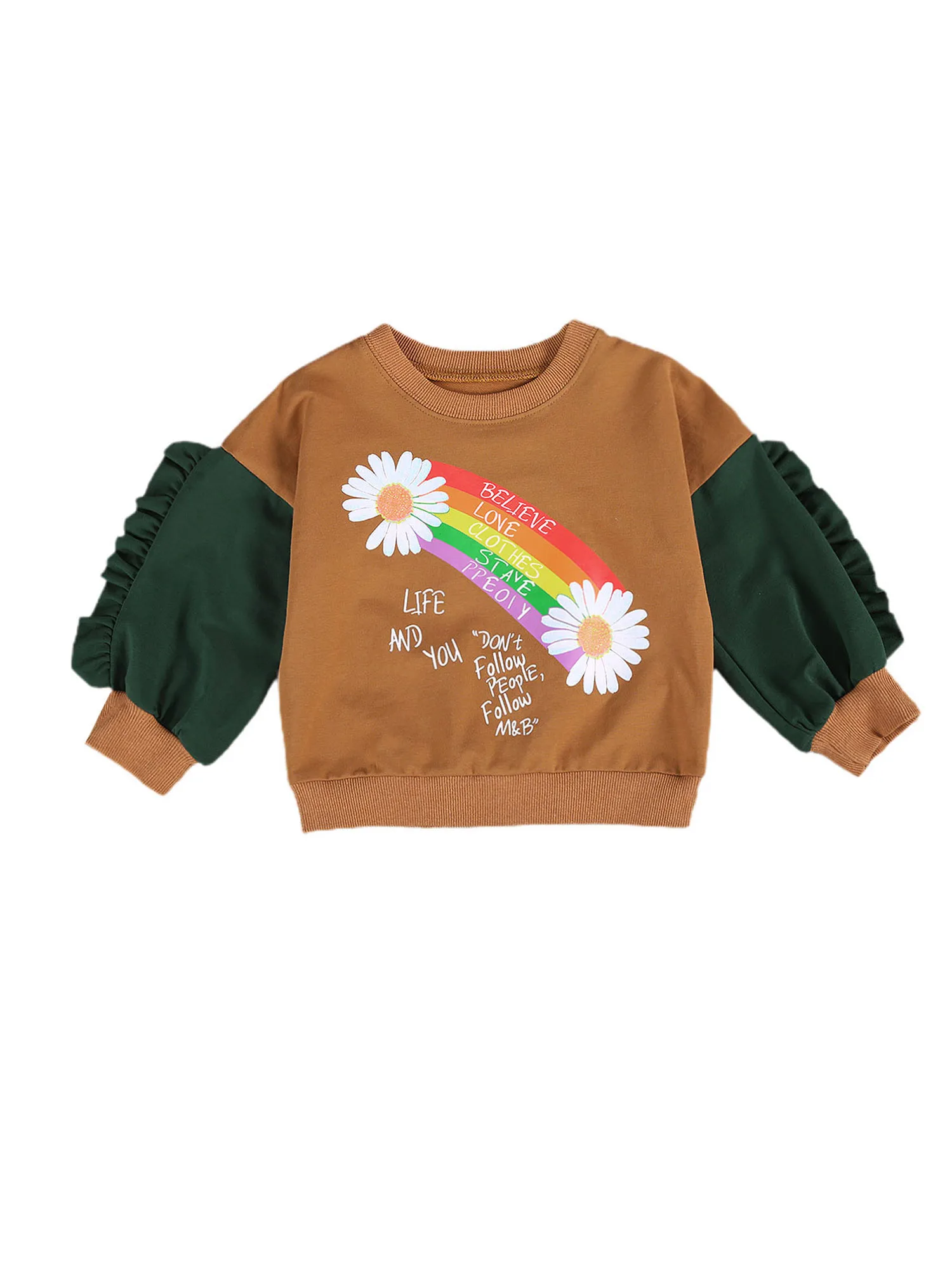 

Детский Радужный Цветочный Топ, Осенний Повседневный свитшот в стиле пэчворк с круглым вырезом и длинным рукавом, с оборками на подоле