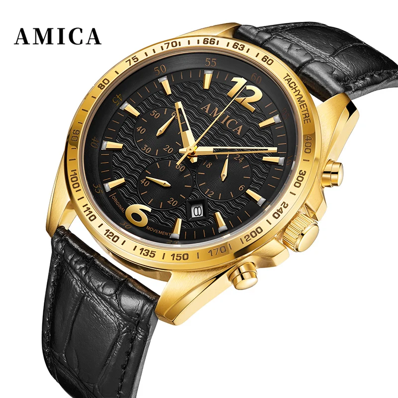 

AMICA Luxury Men Watch Leather Wrist Watch Man Clock Fashion Chronograph Wristwatch