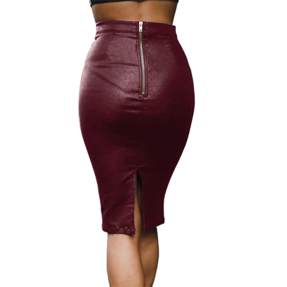 Женская юбка-карандаш из искусственной кожи с разрезом сзади простая