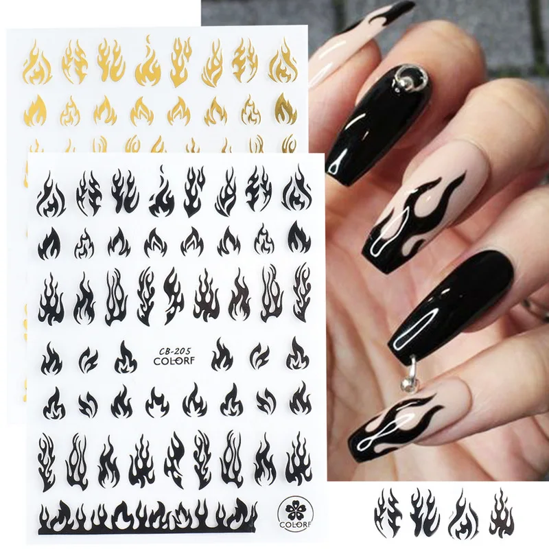 3D Holographic Fire Flame Nail Stickers Slider Gold Black New Year Manicure Decals DIY Nail Art Decorations Decor Tool GLCB205