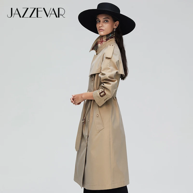 JAZZEVAR Новое поступление осенний плащ женская свободная одежда верхняя одежда высокое качество двубортное женское длинное пальто дизайнерское 9024-1