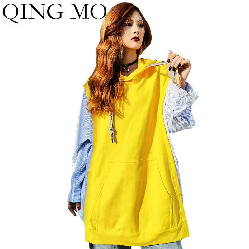 

QING MO Yellow Women Hooded Sweatshirt 2021 Women Striped Patchwork Sweatshirt Female Irregular Patchwork Sweatshirt ZQY6473