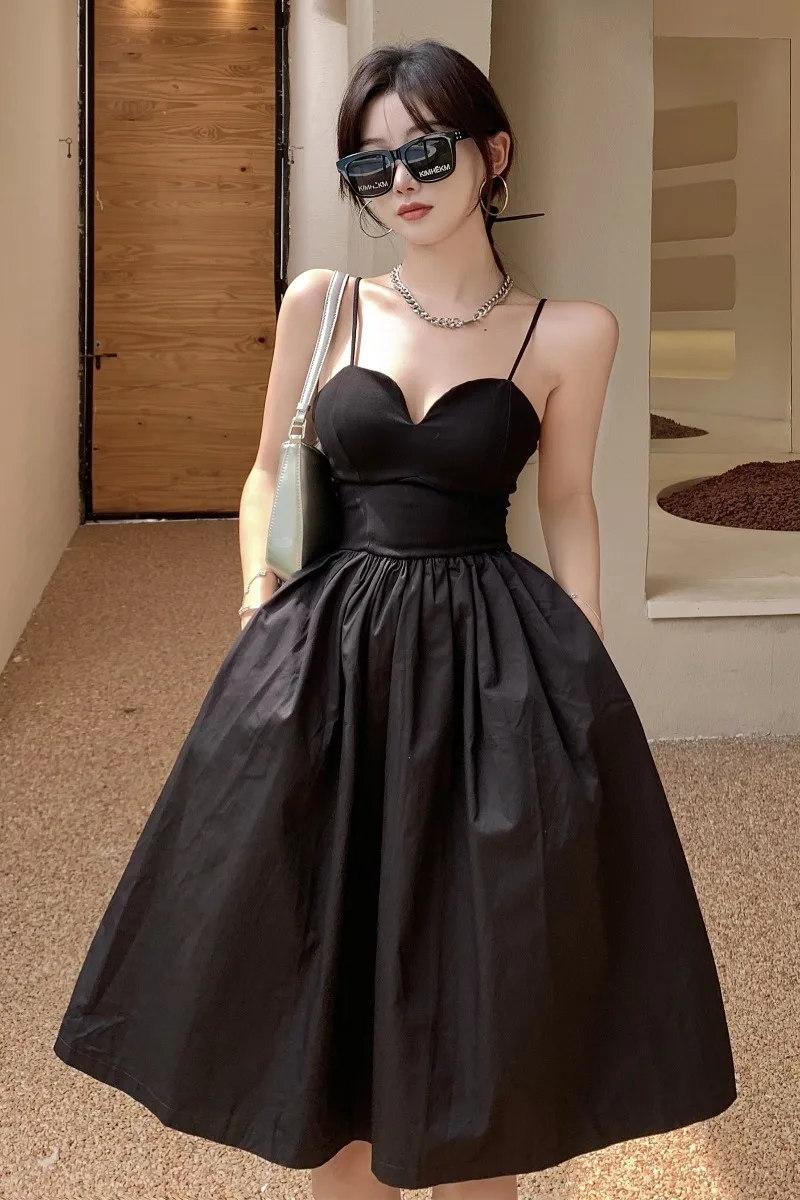 

Hepburn Style Black Straps Dress Sexy Backless V-neck Elastic High Waist Bubble Mini Dress Women 2021 Summer Party Evening Dress