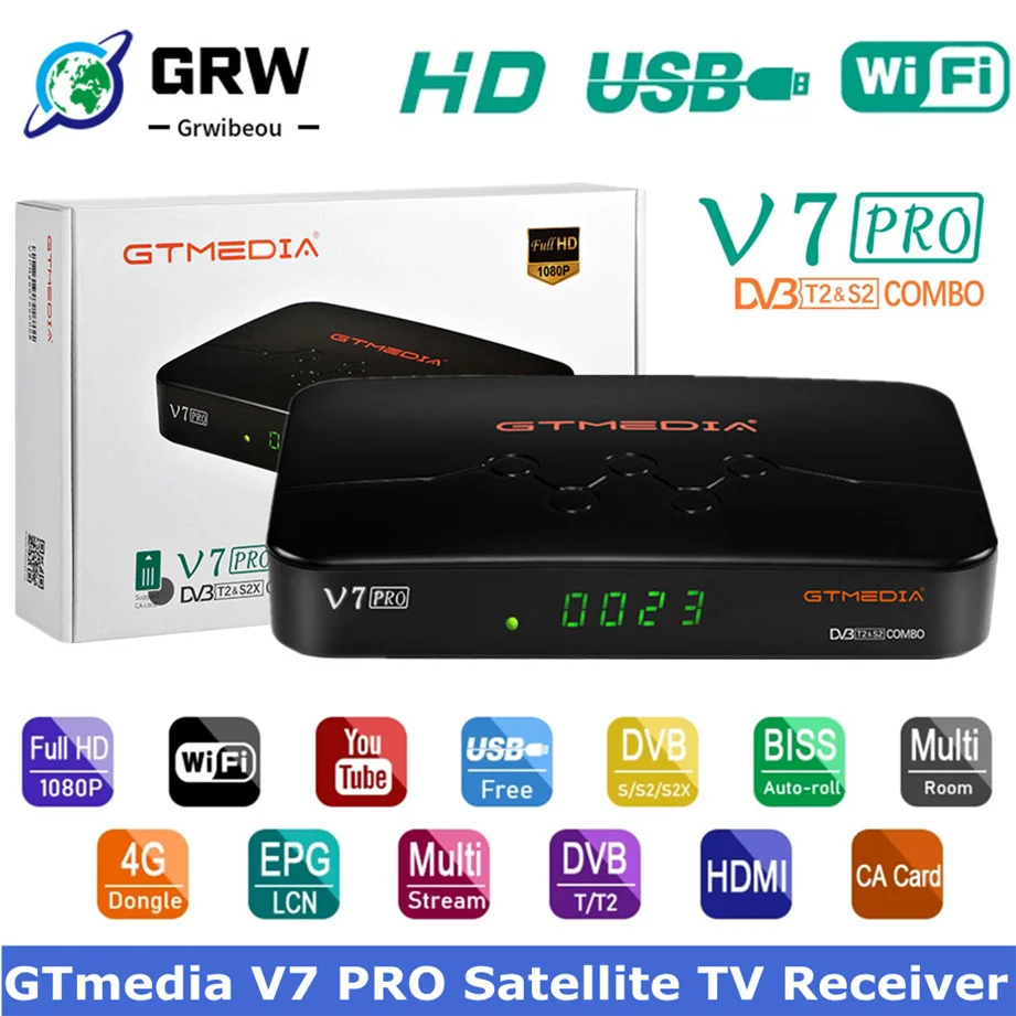 

GTMEDIA V7 PRO Satellite TV Receiver 1080P FHD DVB S2 T2 Tuner H.265 10 Bit With USB WiFi Decoder Support Youtube Ccam Spain Box