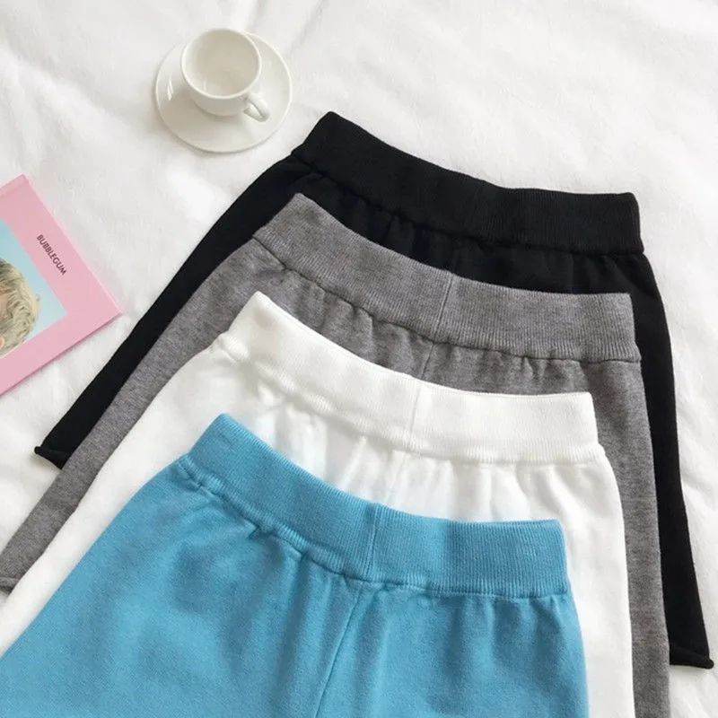 

2021 New Women Summer Loose High Waist Blue Knitted Shorts Casual Solid Color Elastic Waist Wide Leg Gray Short New Korean Style