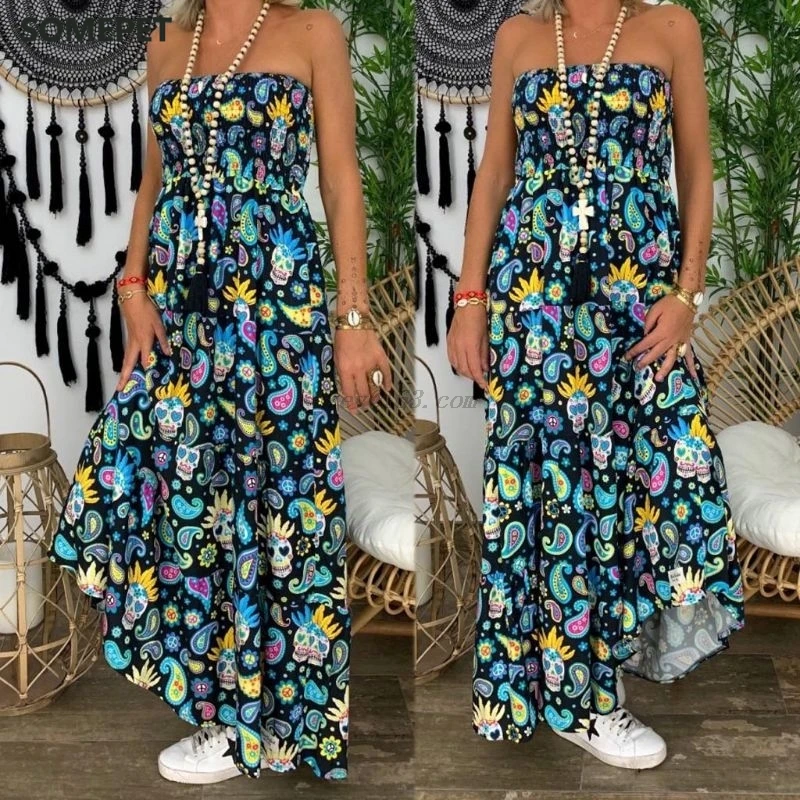 

Summer Womens Strapless Bandeau Long Maxi Dress Floral Print Beach Boho Tube Sundress Sexy Sleeveless Backless Dresses