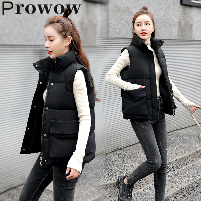 

Жилет Prowow женский однотонный свободного покроя, хлопковая короткая куртка на молнии, с воротником-стойкой и карманами, ветрозащитный теплы...