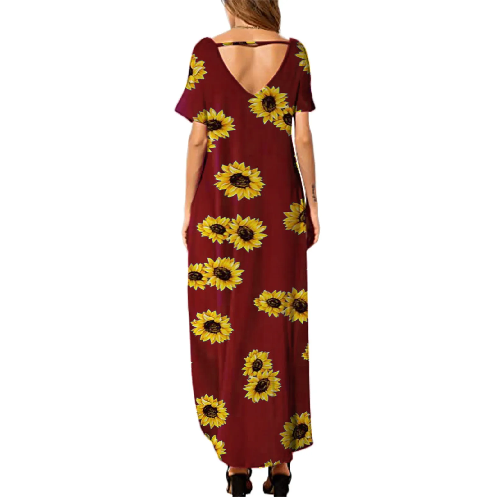 

40# Floral Short Sleeve Maxi Dress Boho Beach Pullover Sundress Plus Size Loose Long Dress Casual Split Robe Summer Dress 2021
