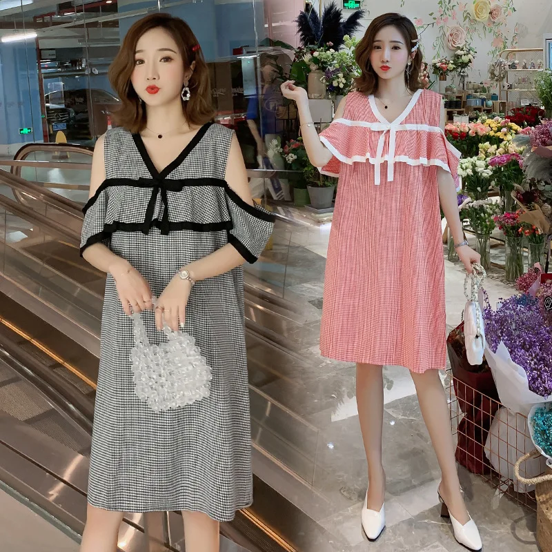 

Red Black Summer New 2020 Tide Mom Loose Thin Ruffled Off-the-shoulder Fashion Maternity Dress Plaid Pregnancy Clothings