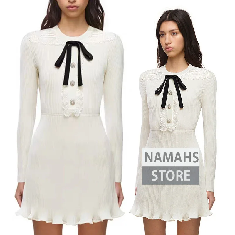 

fall fashion women long sleeve bow buttons designer knitted sweater short dress wool high end sexy clothes mini ruffle dresses