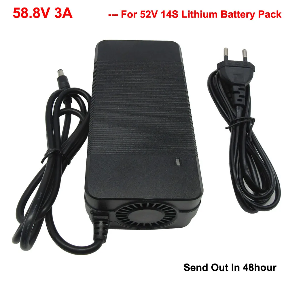 

58.8V 3A Lithium Ebike Charger For 51.8V 52V 48V 14S Li-ion Electric Bike Bicycle Scooter Battery Charger DC GX16 Port with fan