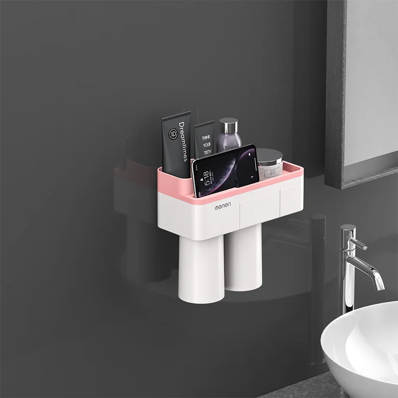 Pink 2 Cups ONEUP магнитный держатель для зубных щеток с адсорбцией, чехол с 4 чашками, домашняя стойка для хранения для ванной комнаты, настенные аксессуары для ванной комнаты - Цвет: Pink 2 Cups