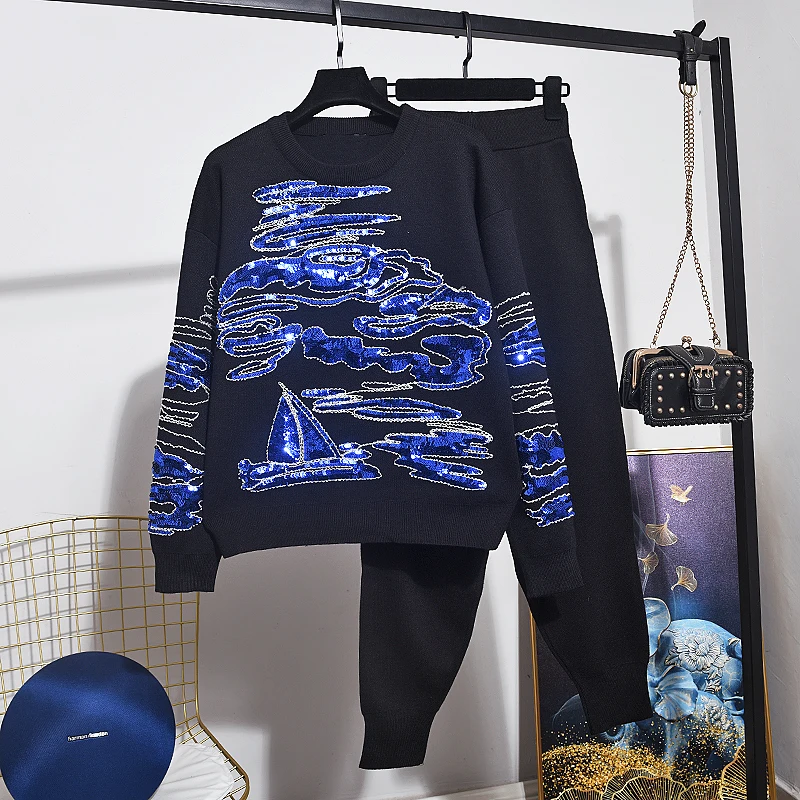 

Женский трикотажный спортивный костюм, свитер с длинным рукавом и блестками и брюки в повседневном стиле, комплект из двух предметов для ос...