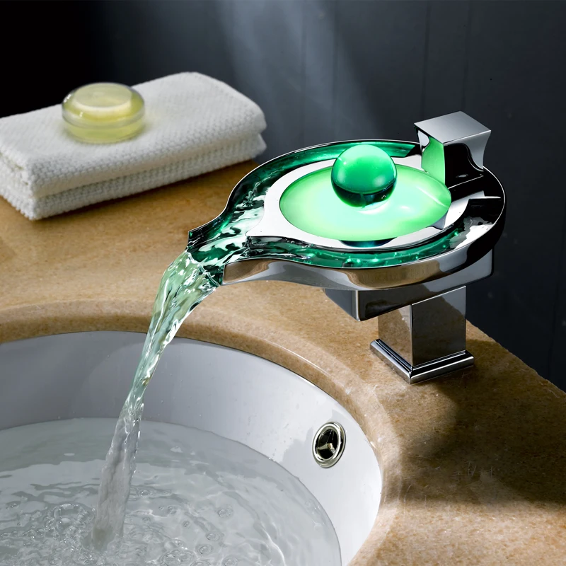 

TT Copper Washbasin LED Intelligent Glowing Creative Temperature Control Color Changing Waterfall Single Hole Inter-Platform
