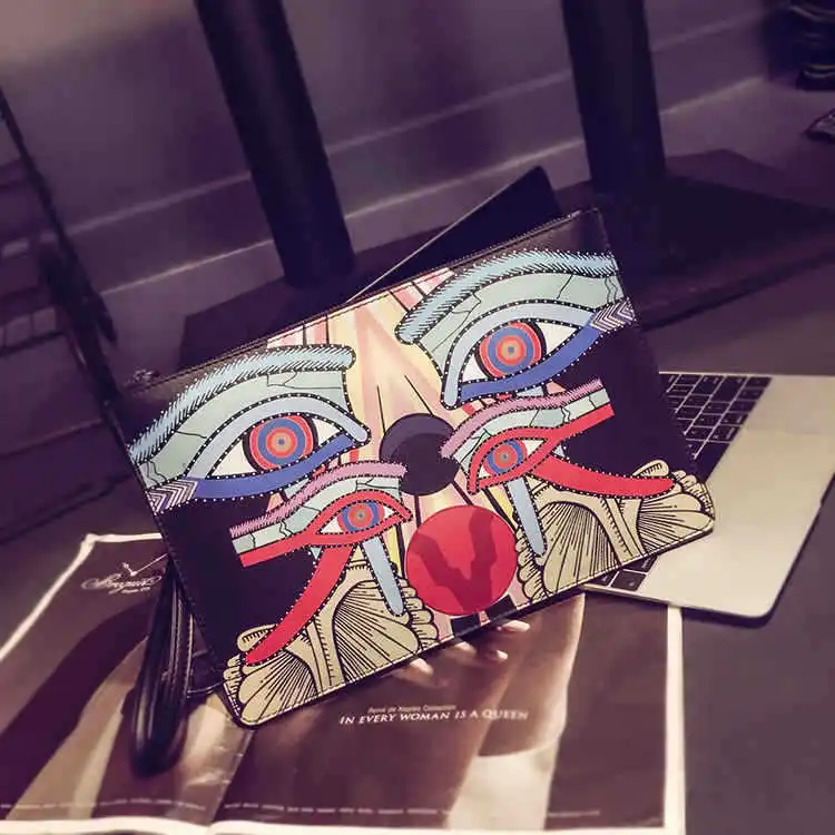 

2021 Men Clutch Bag Casual Multi-purpose PU Leather Zipper Handbag Graffiti Style Wallet for Cash Keys Card Mobile Phone