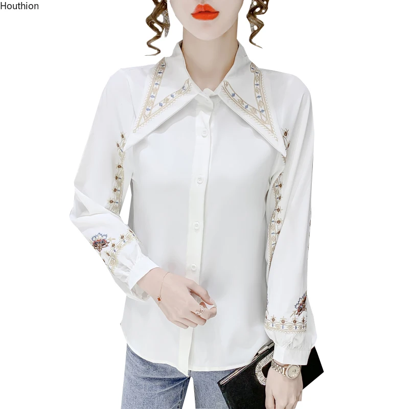 

Houthion Slim Women Blouses Fashion Long Sleeve Top Embroidery Flowers Doll Collar Buttons Shirts Summer New Casual Blouse
