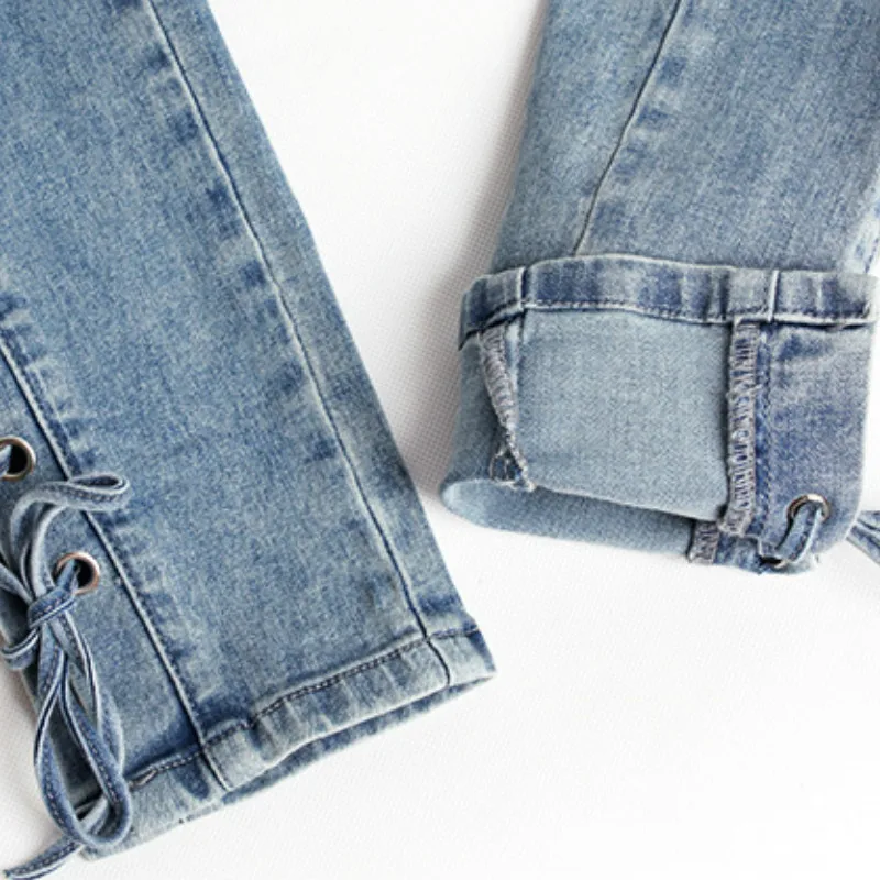 2019 женские джинсы со шнуровкой модные рваные узкие джинсовые брюки-карандаш с