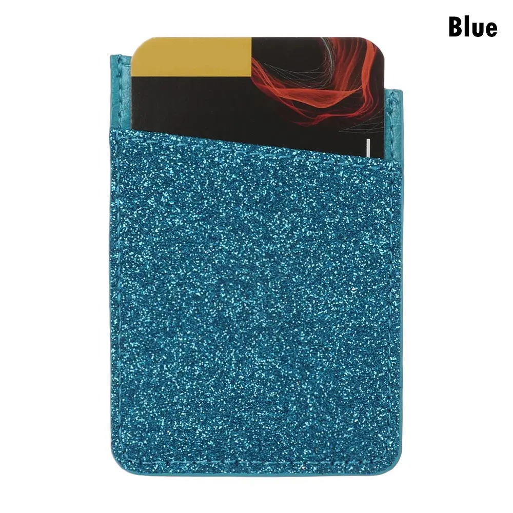 blue 1PC PU Leather Sequins Cell phone Pocket Credit Card Holder For Phone Card Holder Sticker Adhesive Pouch Wallet Case - Цвет: blue